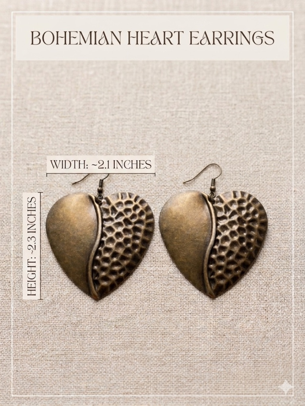 Vintage Bohemian Hammered Bronze Heart Statement Earrings